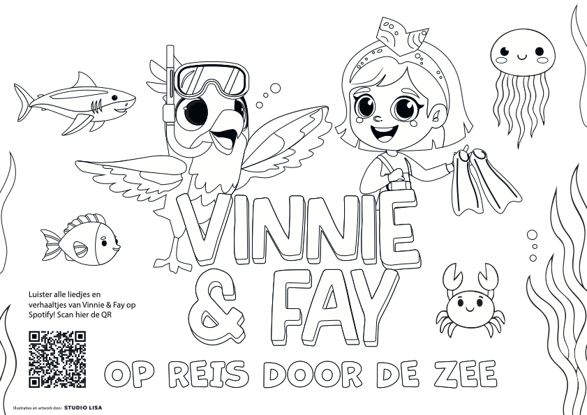 Kleurplaat Vinnie & Fay: Op reis door de zee: haai
