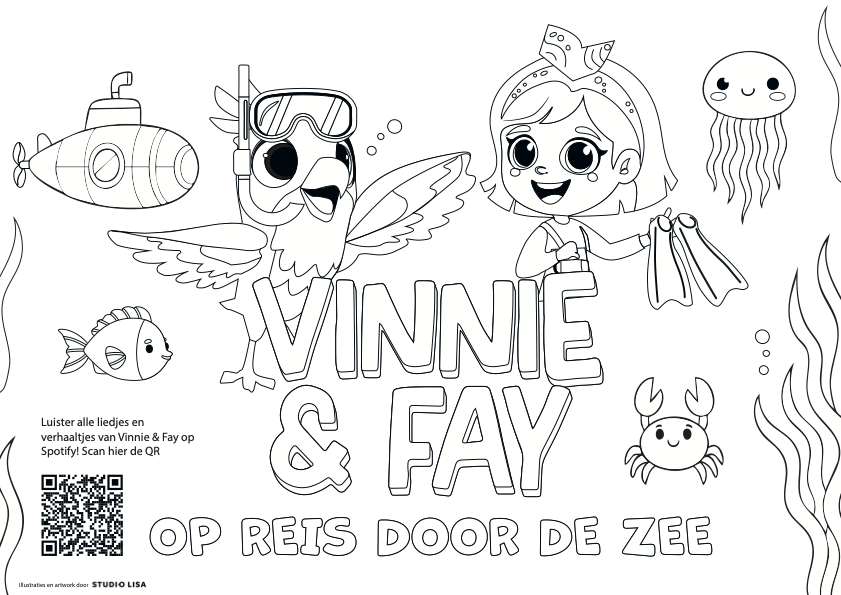 Kleurplaat Vinnie & Fay: Op reis door de zee: onderzeeër